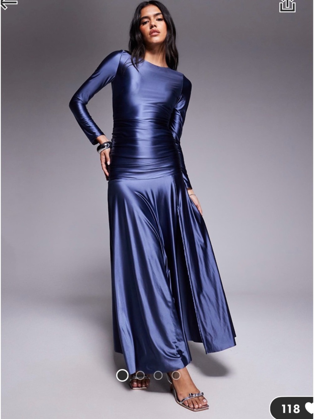 Rare London satin ruched maxi dress in dark blue